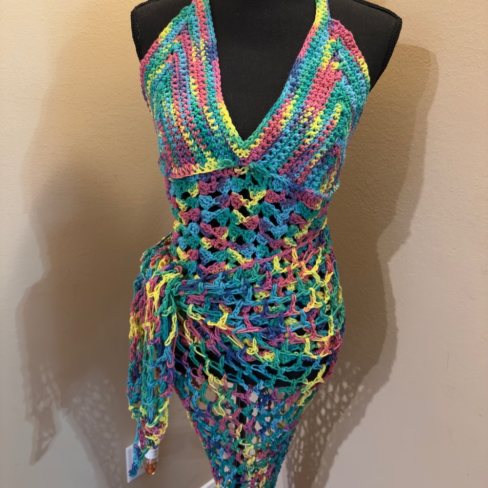 Colorful Crochet adjustable Halter top and sarong wrap/ poncho